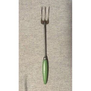 Vintage A&J USA 3 Tine Kitchen Fork Green Wood Handle Meat BBQ Cooking Utensil